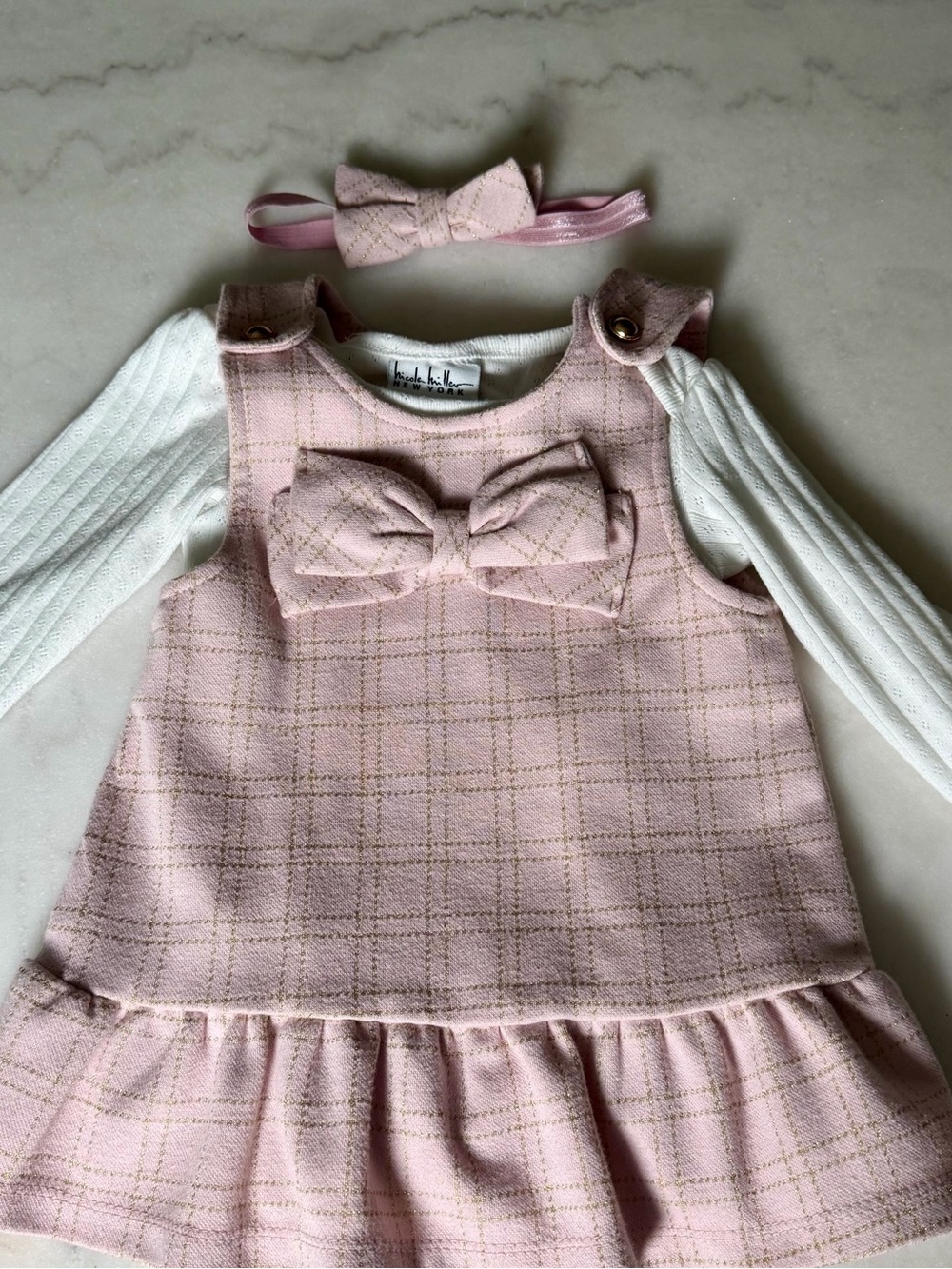 Baby Girls Pink Bow Pinafore Dress with Headband